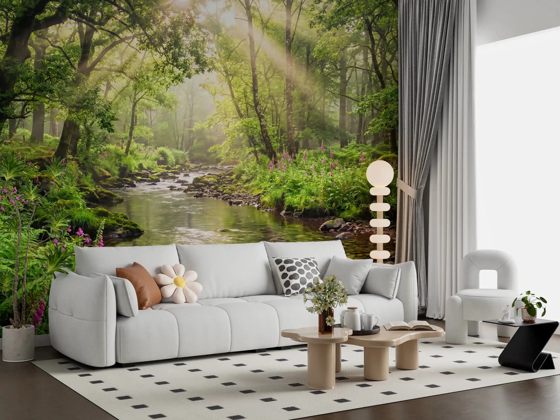 Nature-inspired wall mural with Sunlit Woodland Stream and mossy stones, GD9269