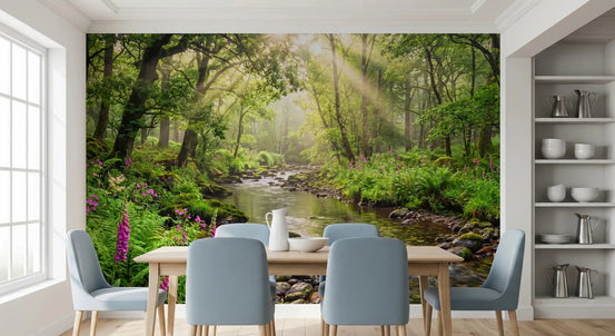 Green forest layers define Sunlit Woodland Stream wall mural beautifully, GD9269