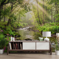 Warm sunlight filters through Sunlit Woodland Stream wall mural scenery, GD9269