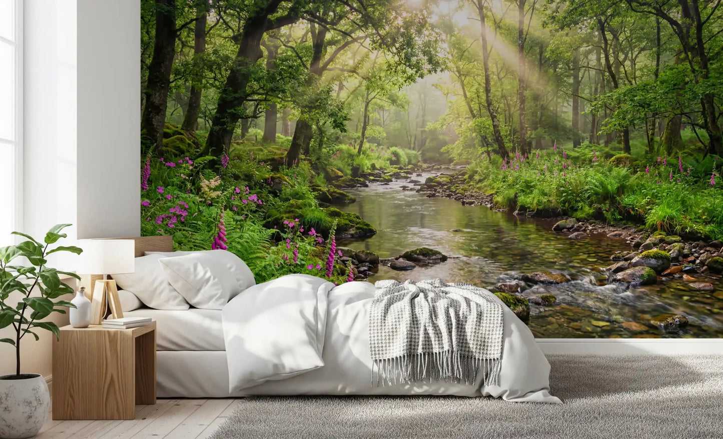 Bedroom styled in Sunlit Woodland Stream wall mural with soft green trees, GD9269