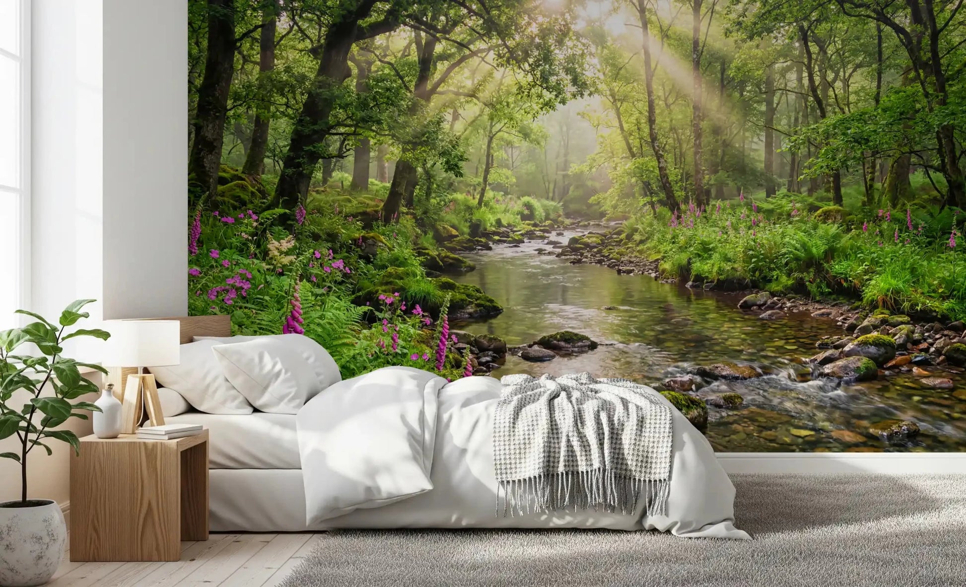 Bedroom styled in Sunlit Woodland Stream wall mural with soft green trees, GD9269