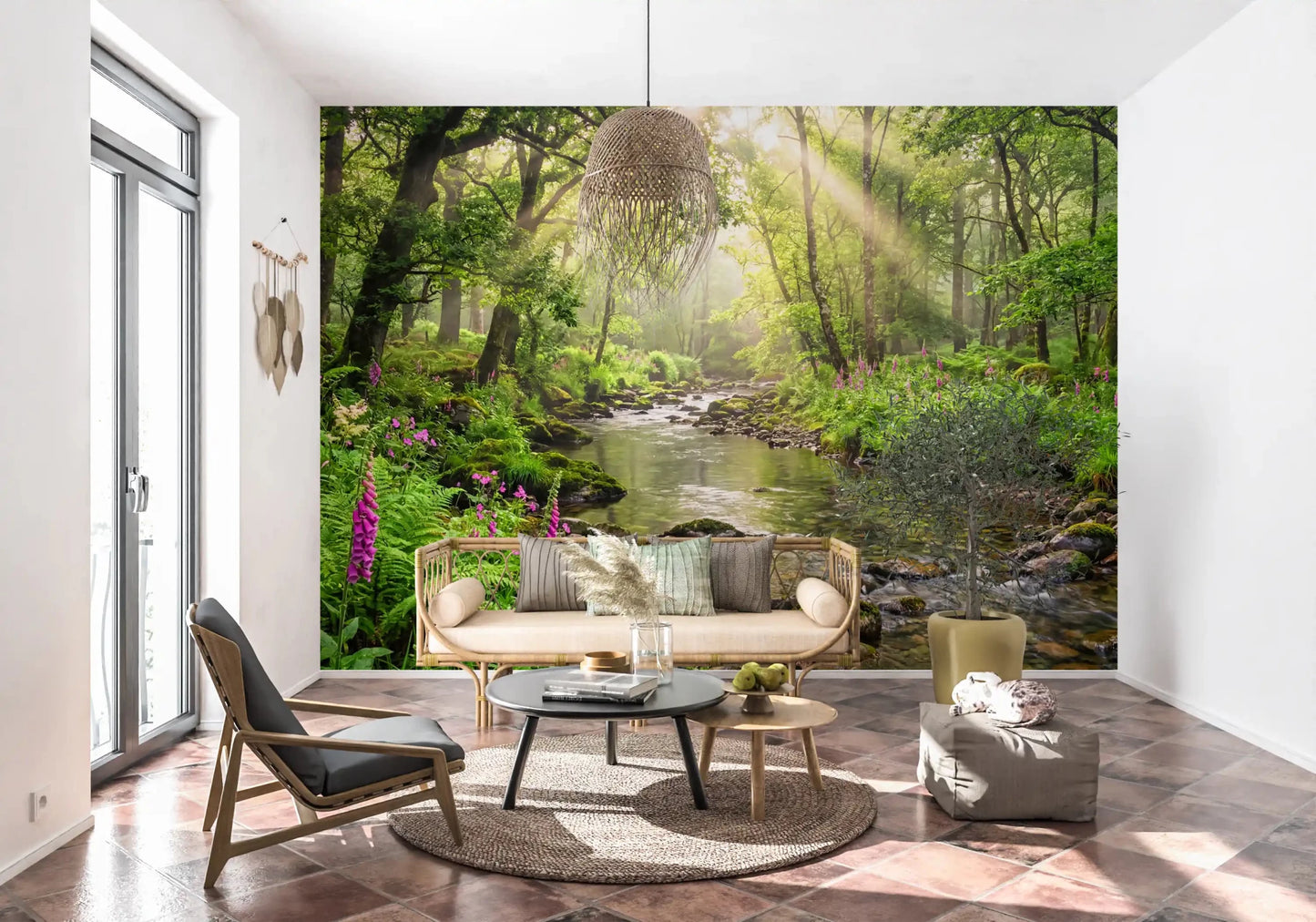 Living room with Sunlit Woodland Stream wall mural and bright forest scenery, GD9269