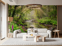 A clear woodland creek shapes Sunlit Woodland Stream wall mural softly, GD9269