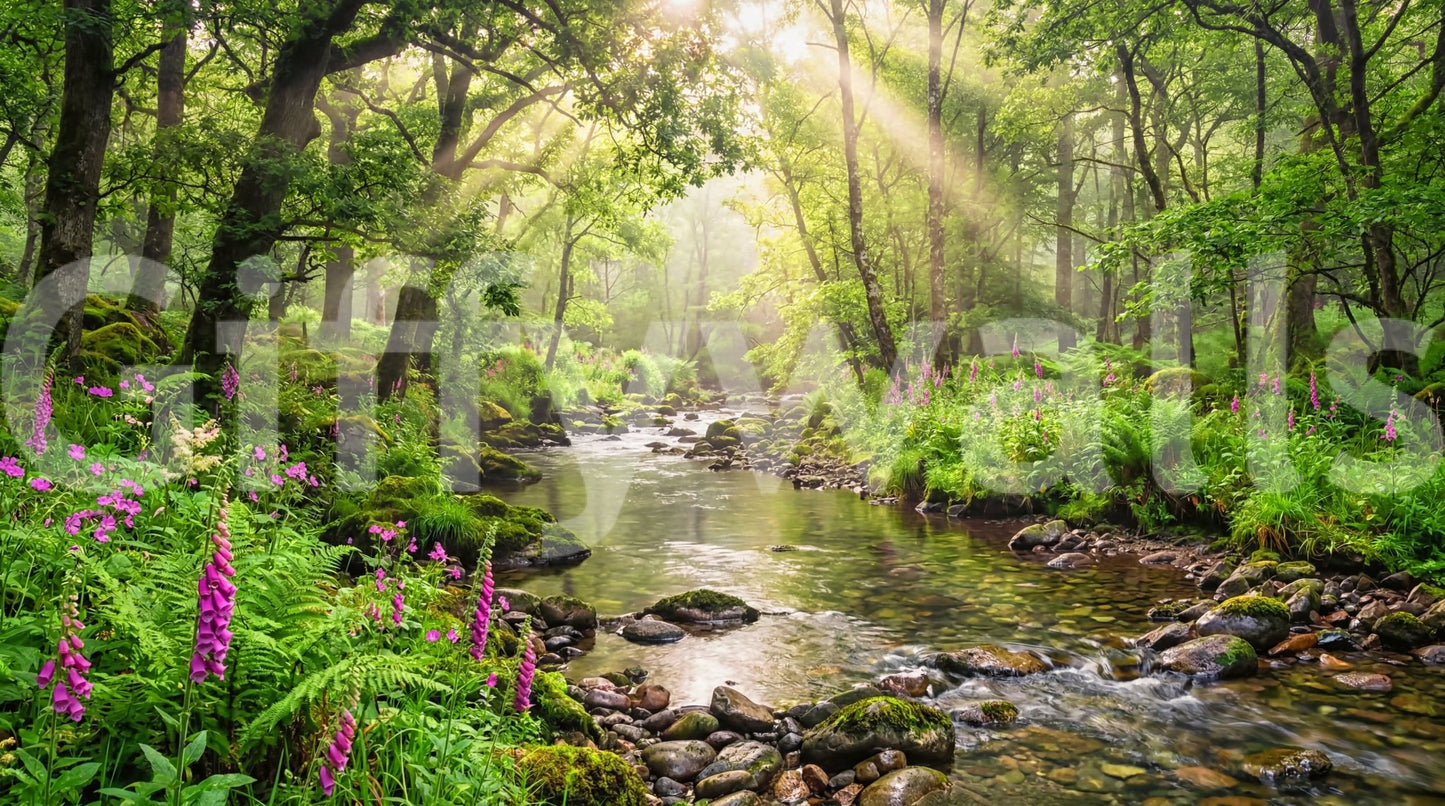Scenic forest waterway appears in Sunlit Woodland Stream wall mural design, GD9269