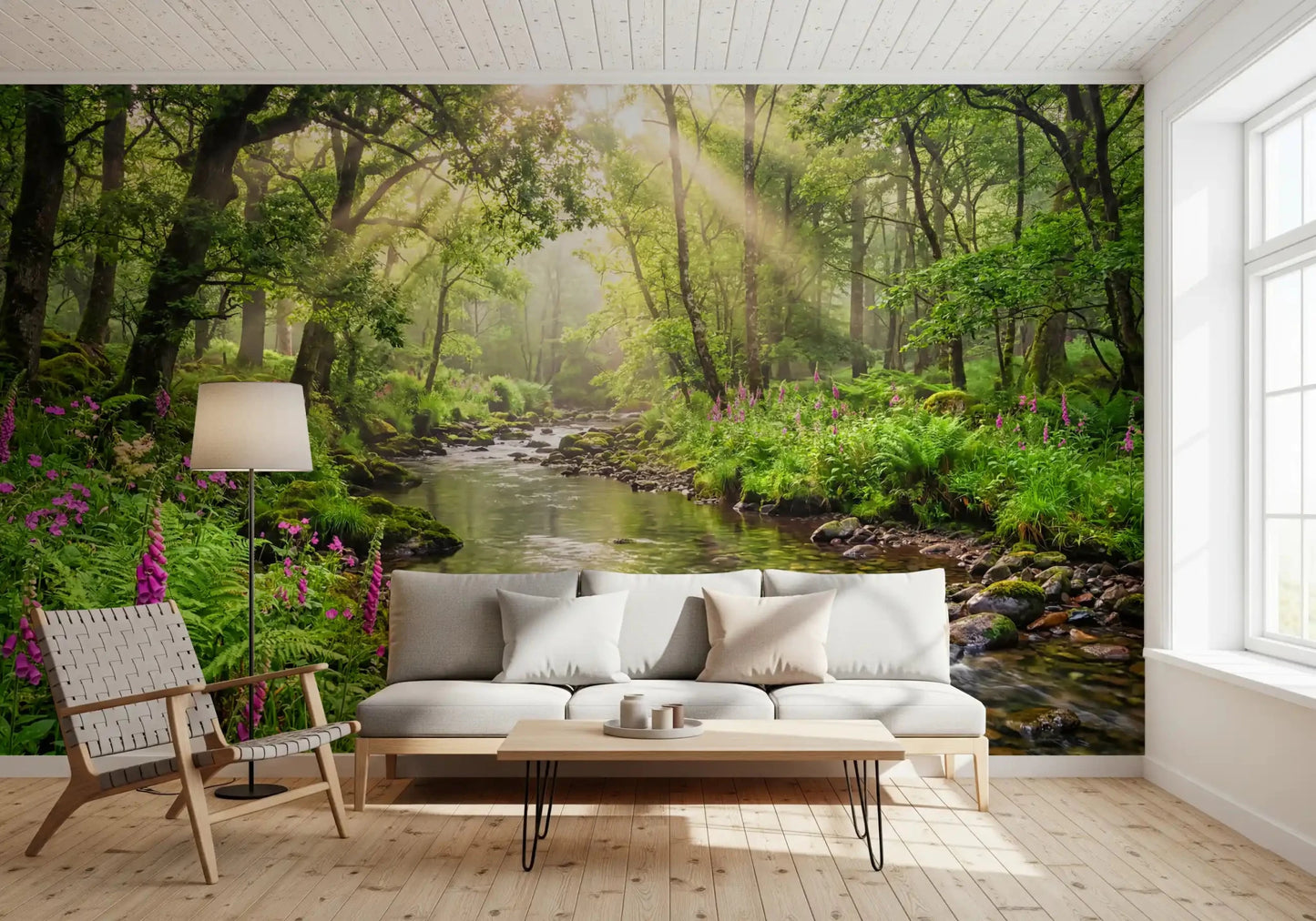 Forest landscape detail gives Sunlit Woodland Stream wall mural calm depth, GD9269