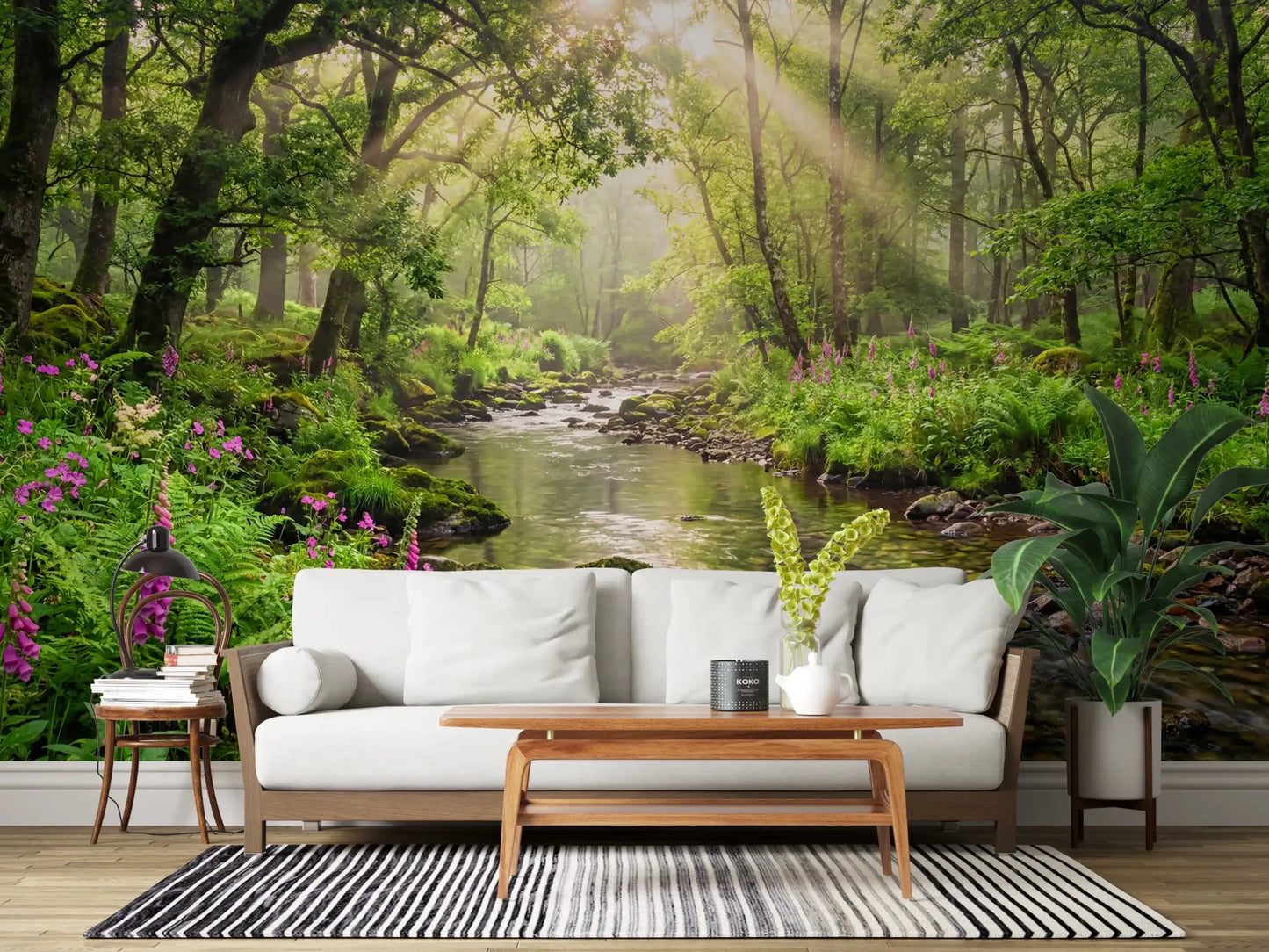 Sunlit Woodland Stream wall mural with rocks, water, and lush greenery, GD9269