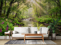 Sunlit Woodland Stream wall mural with rocks, water, and lush greenery, GD9269
