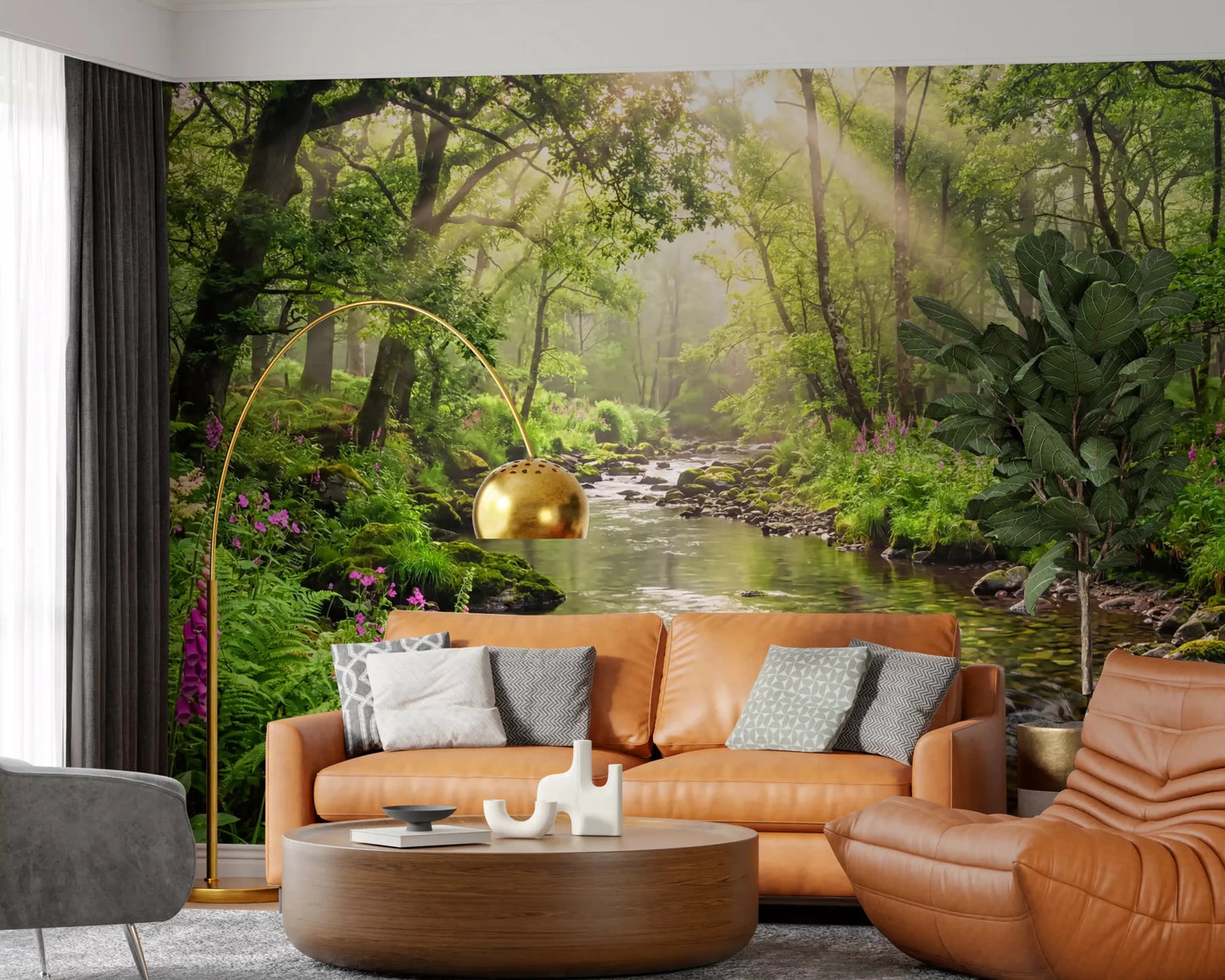 Office wall with Sunlit Woodland Stream wall mural and woodland light, GD9269