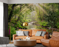 Office wall with Sunlit Woodland Stream wall mural and woodland light, GD9269