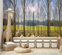 A wall mural of a sunlit forest.

