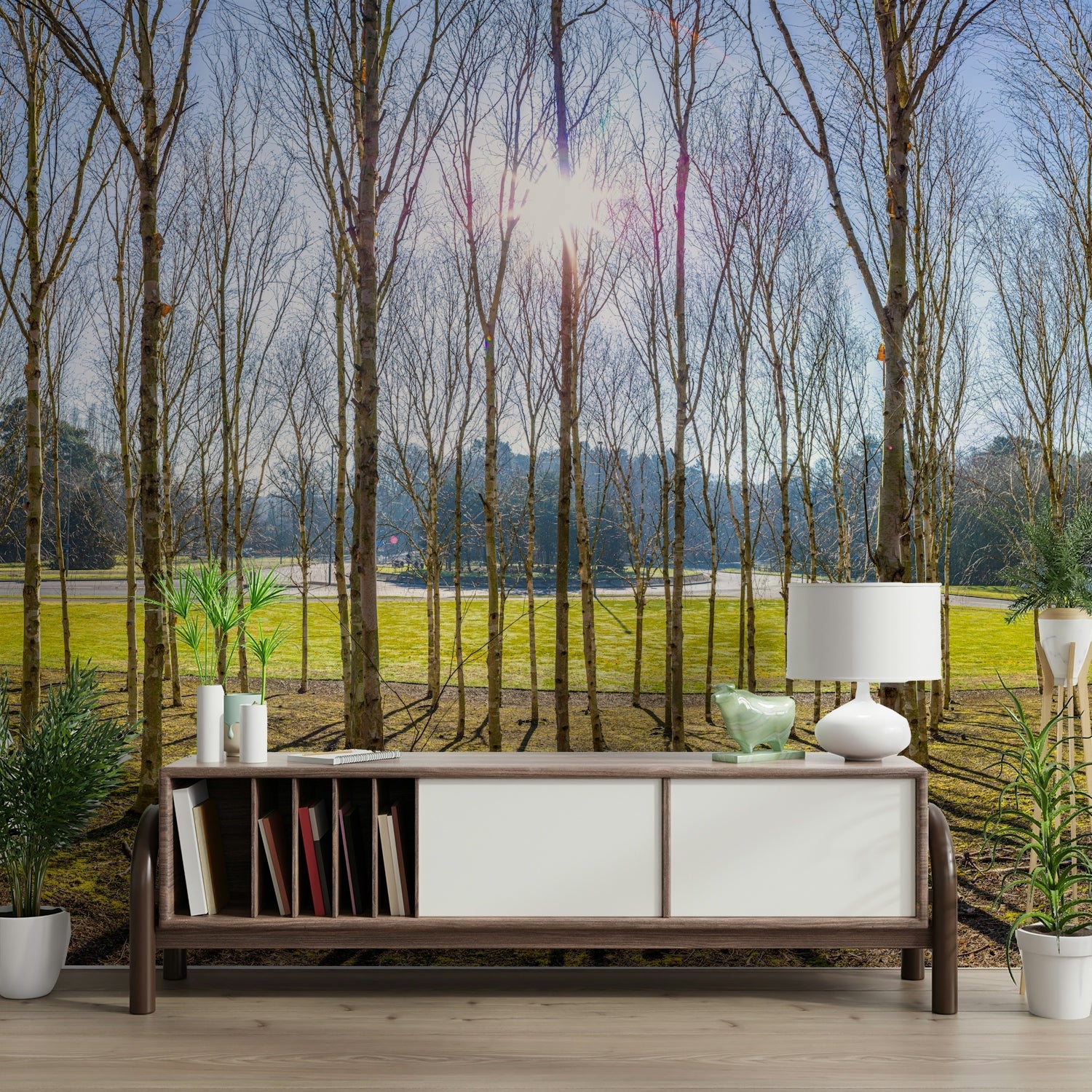 The colors are warm tones of green, yellow, and brown.

