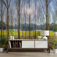 The colors are warm tones of green, yellow, and brown.

