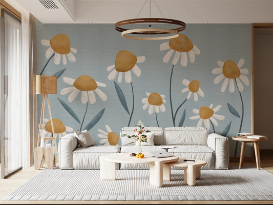 Sunny Daisy Field wall mural with painted Daisy