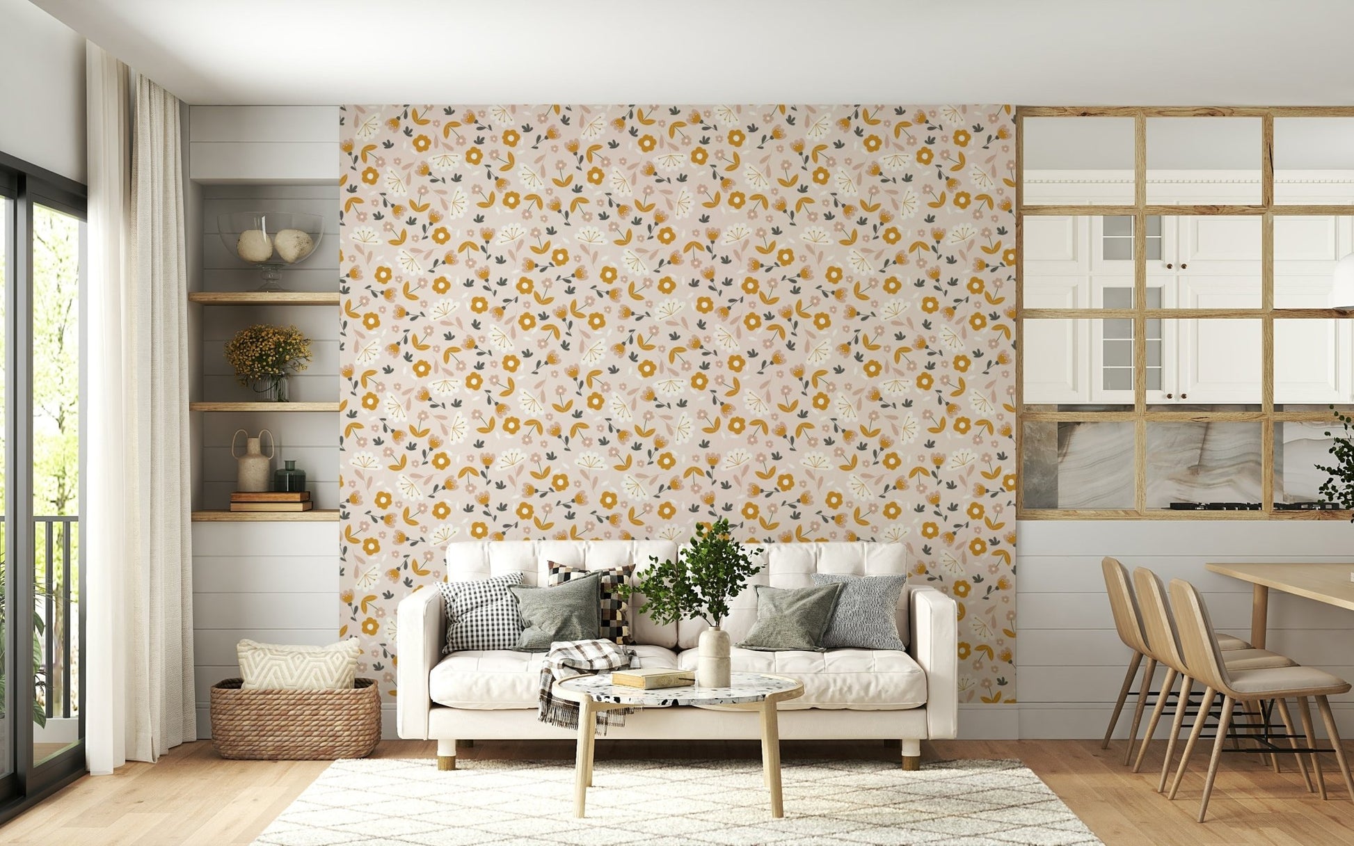 Happy interior Sunny Day Blooms Wallpaper decor print.