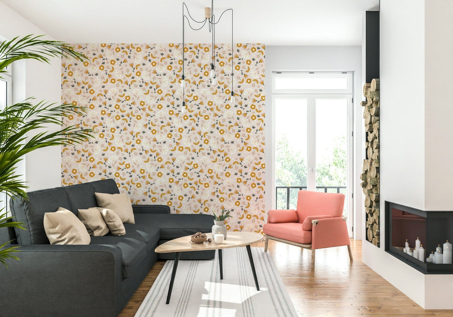 Scattered abstract Sunny Day Blooms Wallpaper foliage elements.