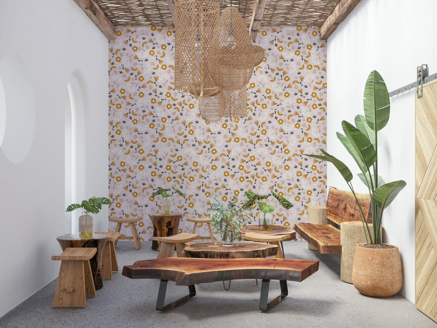 Mustard yellow Sunny Day Blooms Wallpaper stylized flowers.