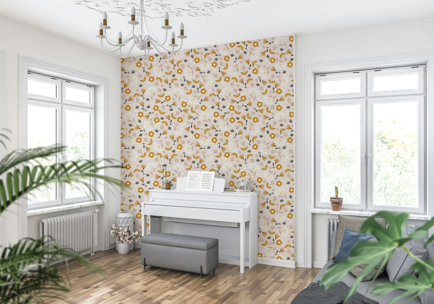 Rhythmic repeating Sunny Day Blooms Wallpaper design backdrop.