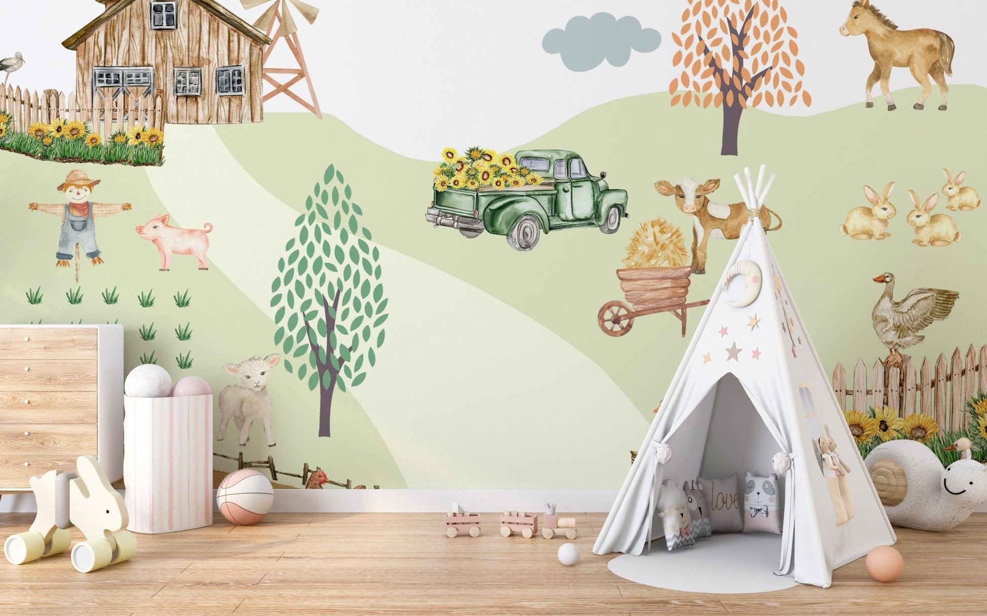 Fluffy rabbits sitting on green pasture

