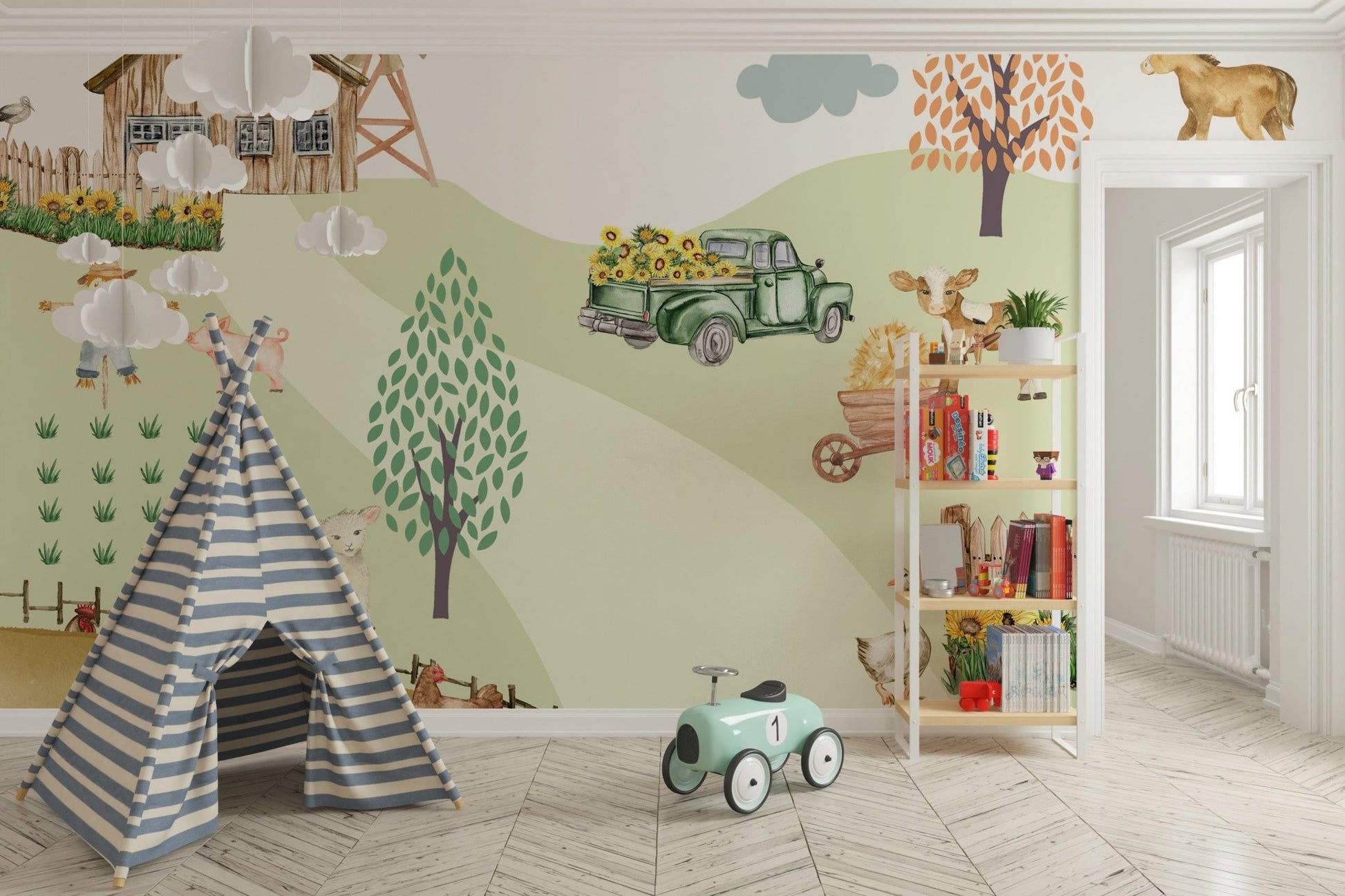 Farmhouse with windmill and sunflower garden

