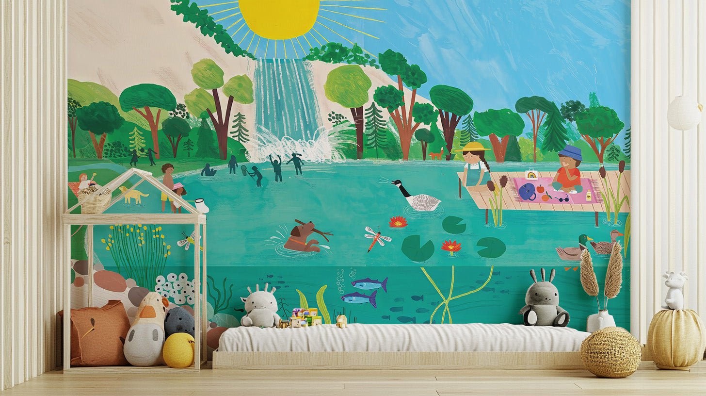 Sunny lakeside mural wallpaper for kids room fun C341