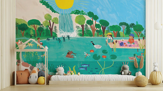 Sunny lakeside mural wallpaper for kids room fun C341
