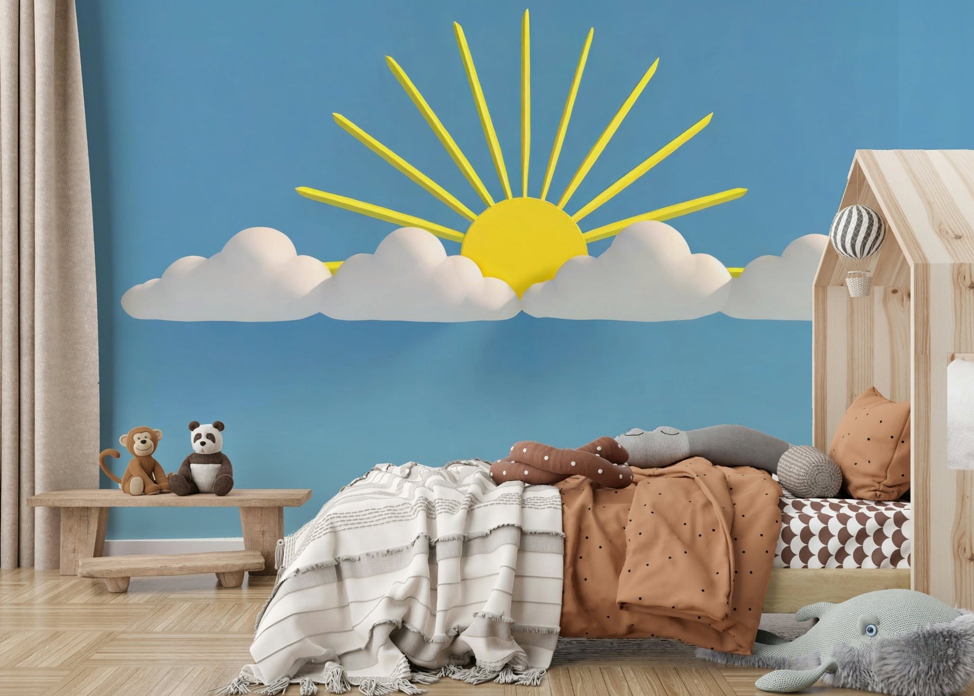 Airy mural wallpaper with floating clouds

