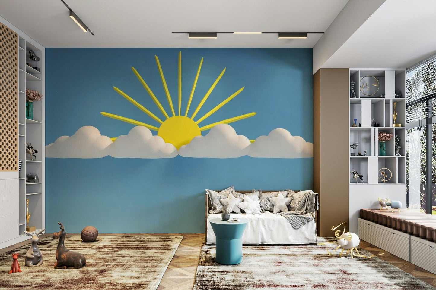 Blue and white cloud mural for calm spaces

