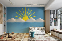 Blue and white cloud mural for calm spaces

