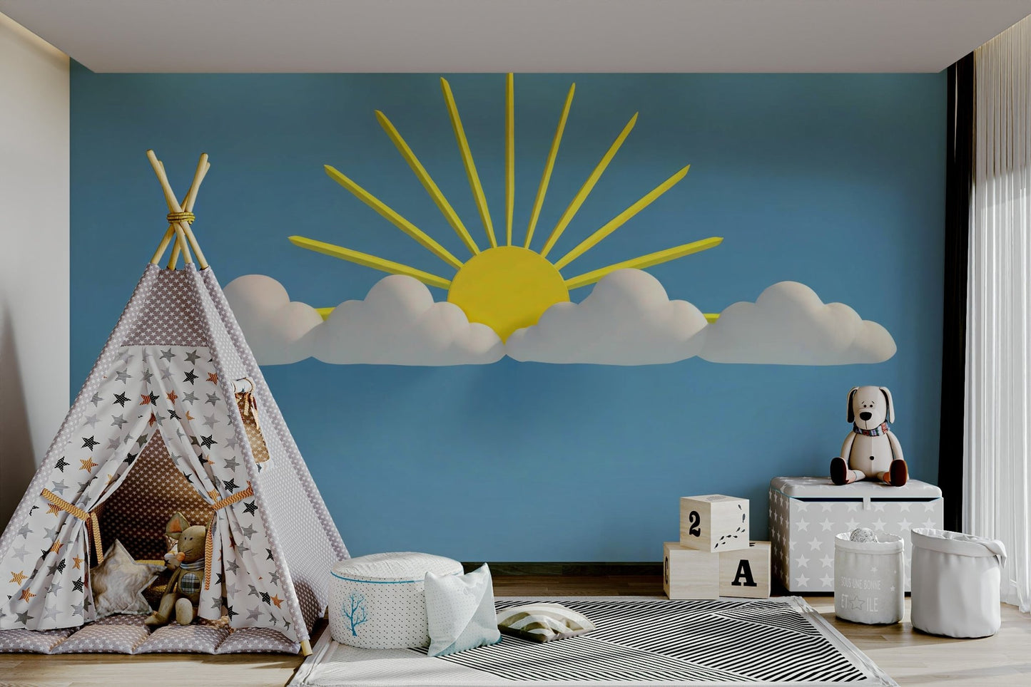 Light blue sky wall mural with fluffy clouds
