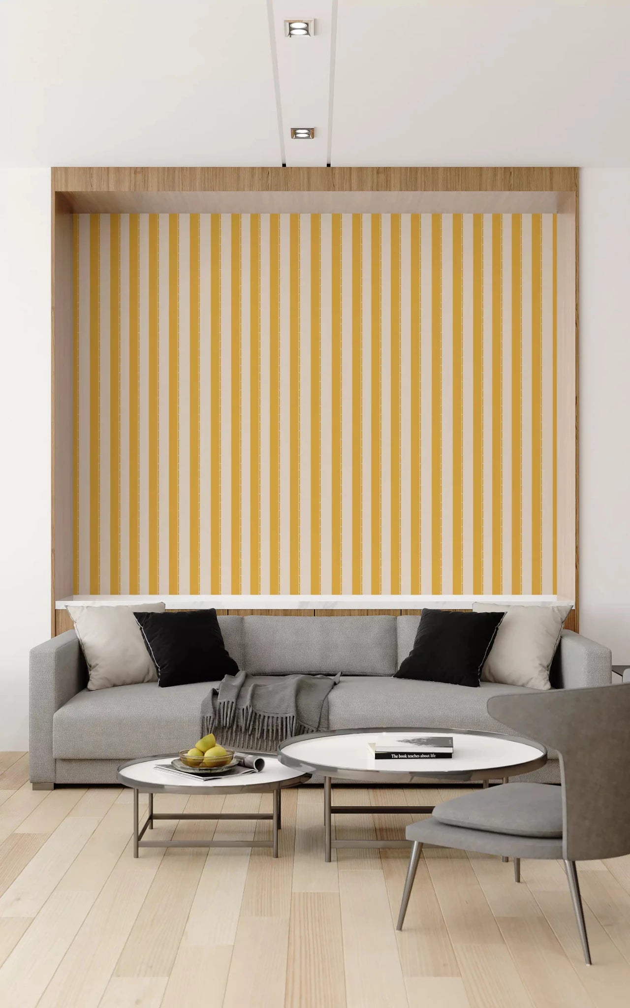 Living with Sunny Stripes Wallpaper and a bright yellow striped accent wall