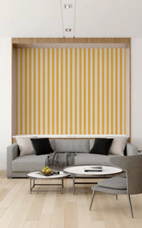 Living with Sunny Stripes Wallpaper and a bright yellow striped accent wall