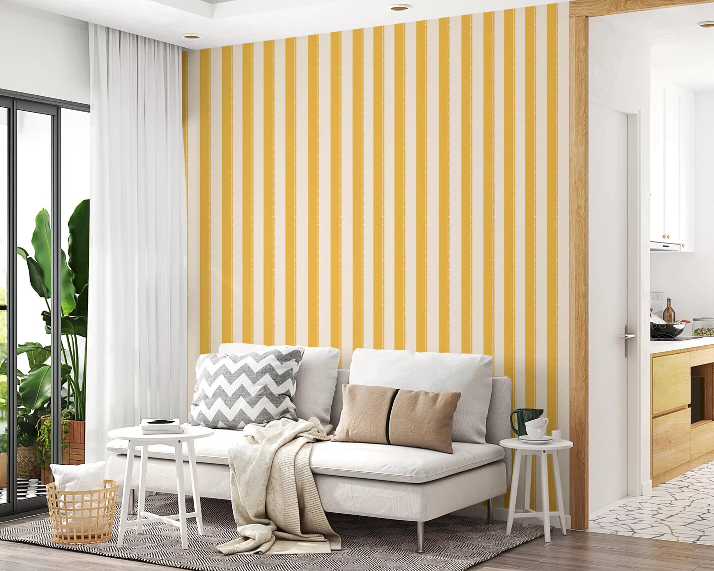 Living room with Sunny Stripes Wallpaper and cheerful yellow stripe detail