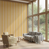 Living area with Sunny Stripes Wallpaper and elegant golden stripe lines