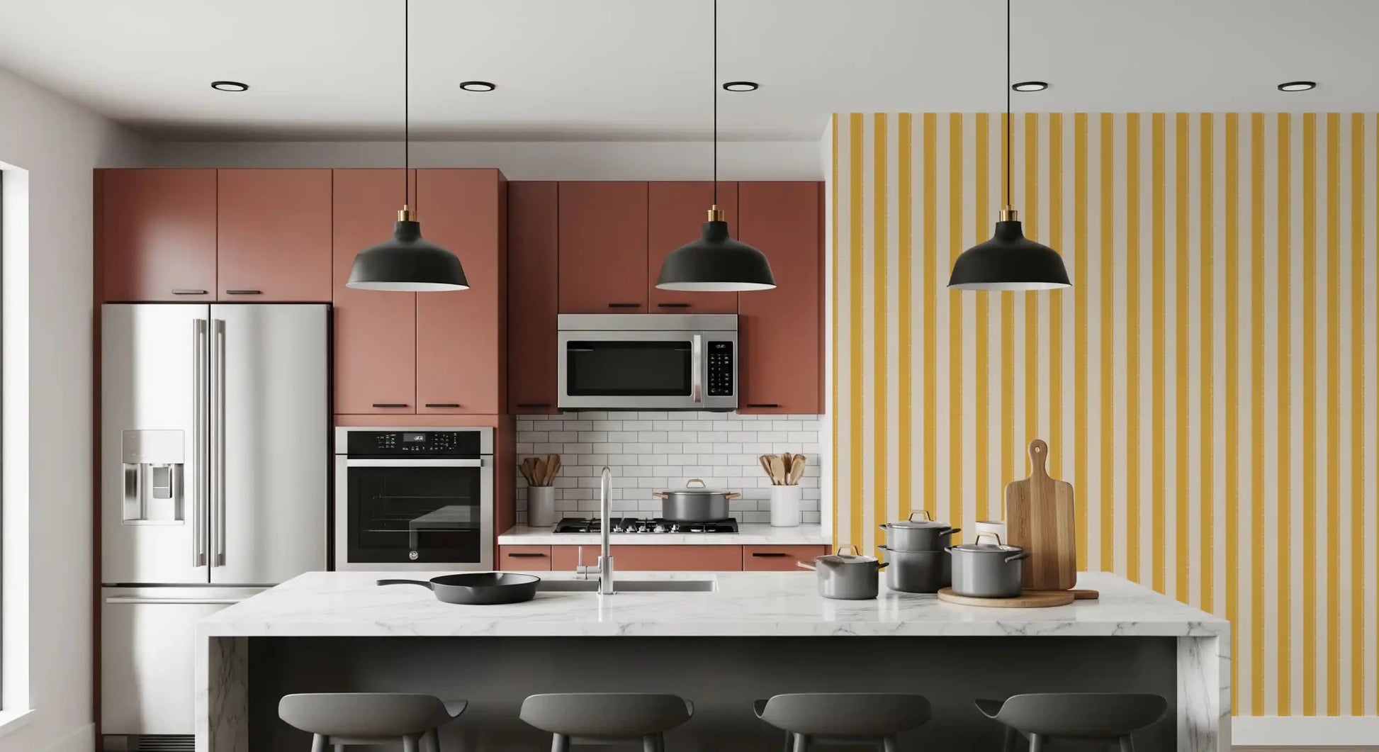 Kitchen with Sunny Stripes Wallpaper and a warm yellow striped feature 