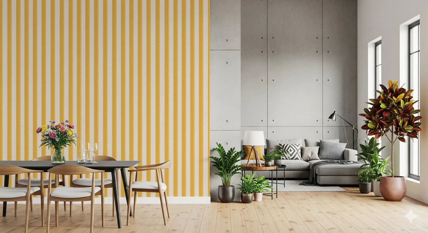Living and dining room with Sunny Stripes Wallpaper and a light yellow striped 
