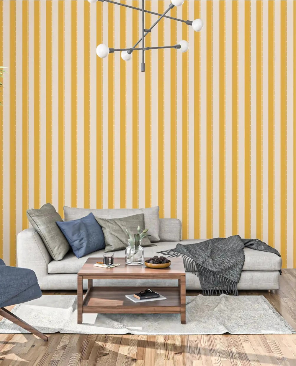 Living room with Sunny Stripes Wallpaper and a sunny striped feature, GD8897