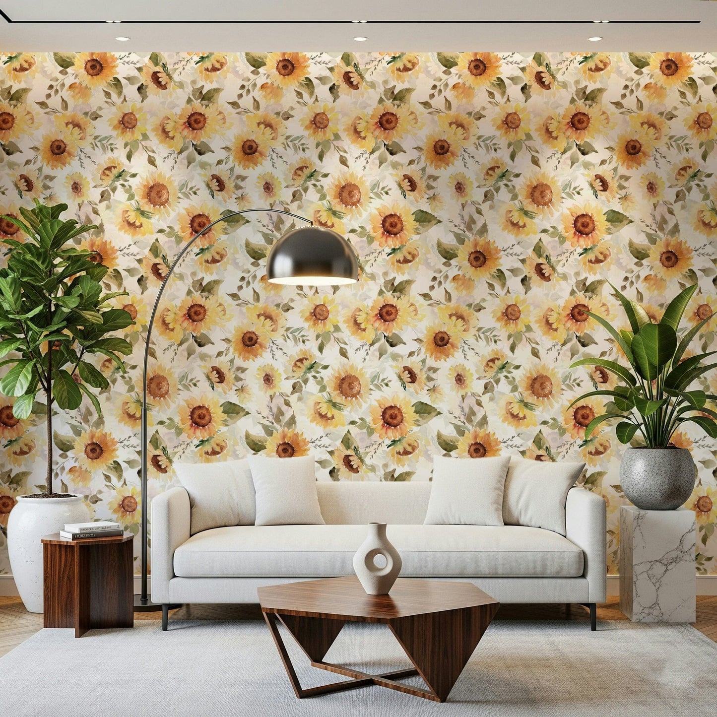 Golden yellow Sunny Watercolor Sunflowers wallpaper mural.