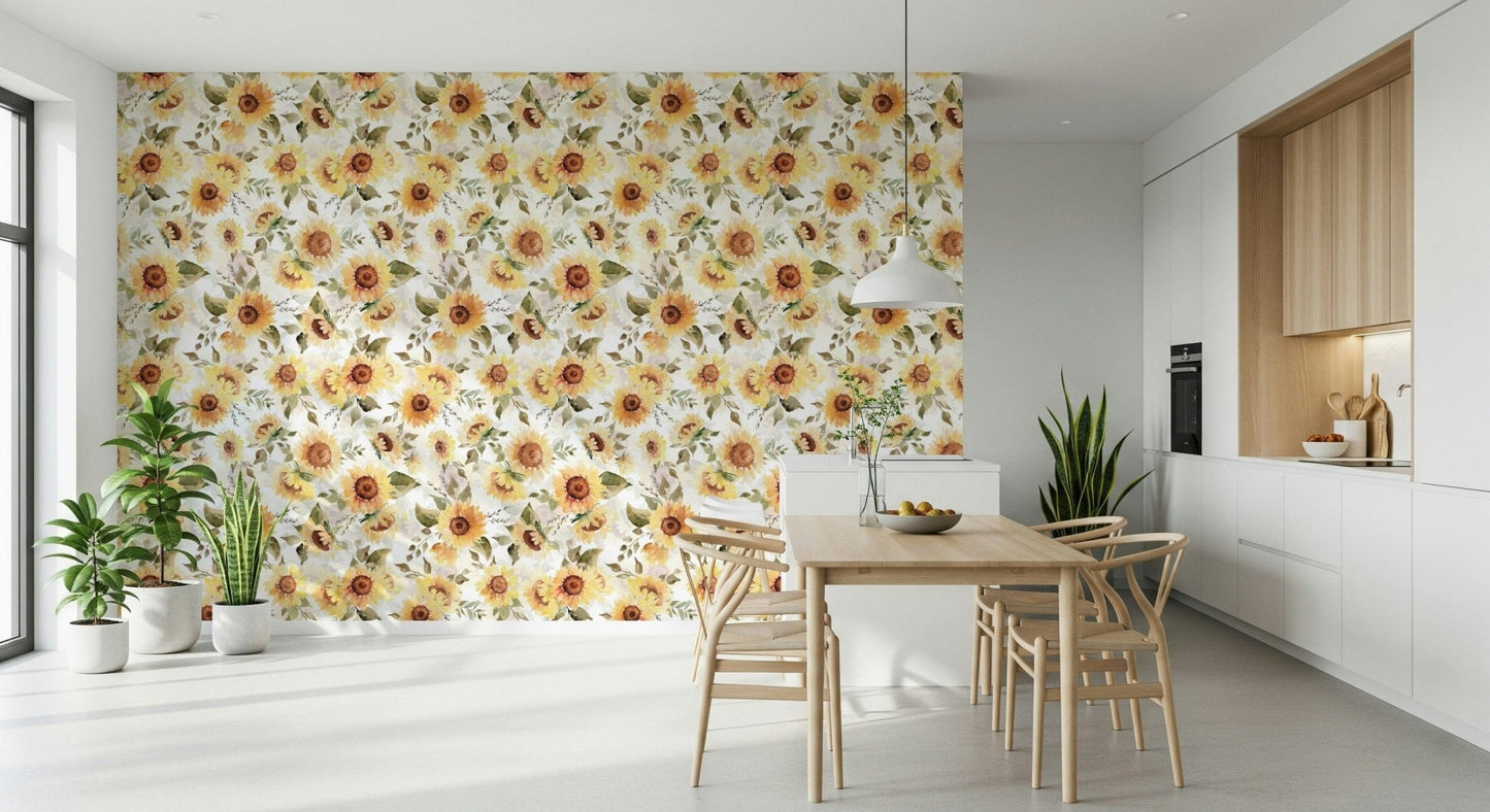 Wall decor with blooming Sunny Watercolor Sunflowers.