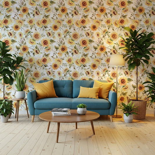 Warm floral Sunny Watercolor Sunflowers repeating motif.