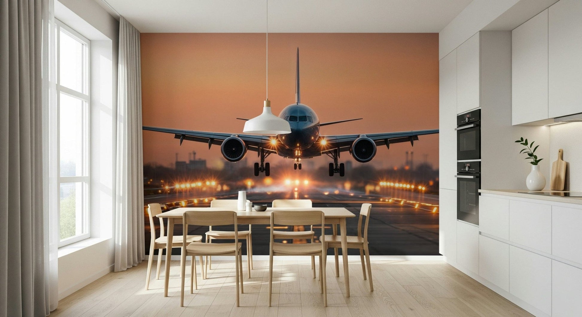 Sunrise Arrival Wall Mural behind a contemporary sofa