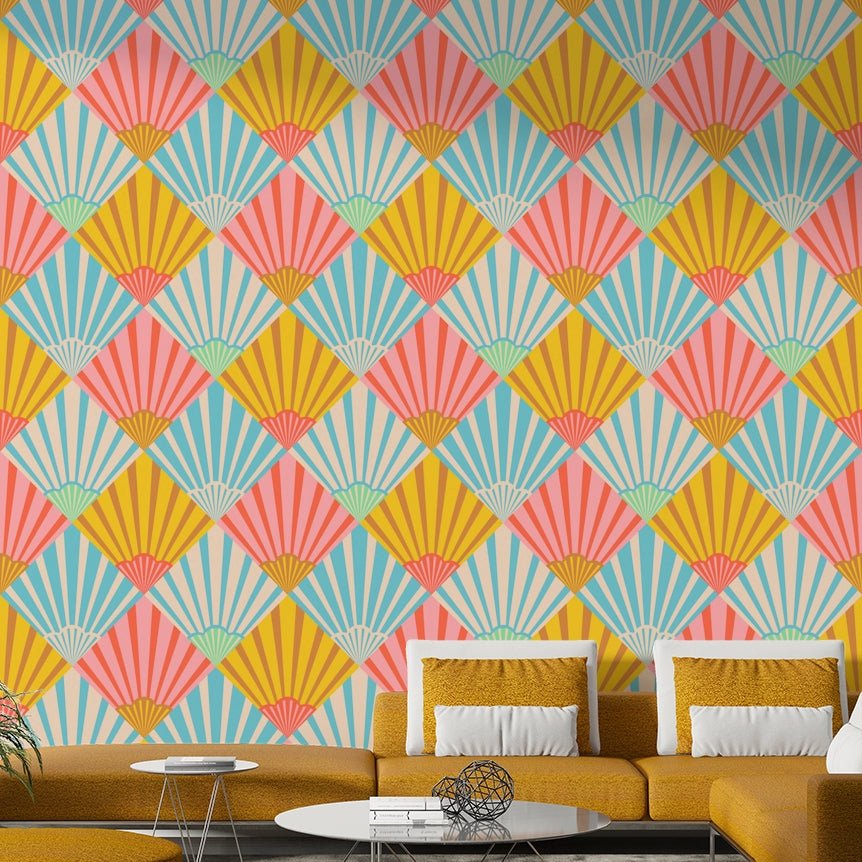 The image shows a peaceful, Art Deco-style pattern with geometric shapes.

