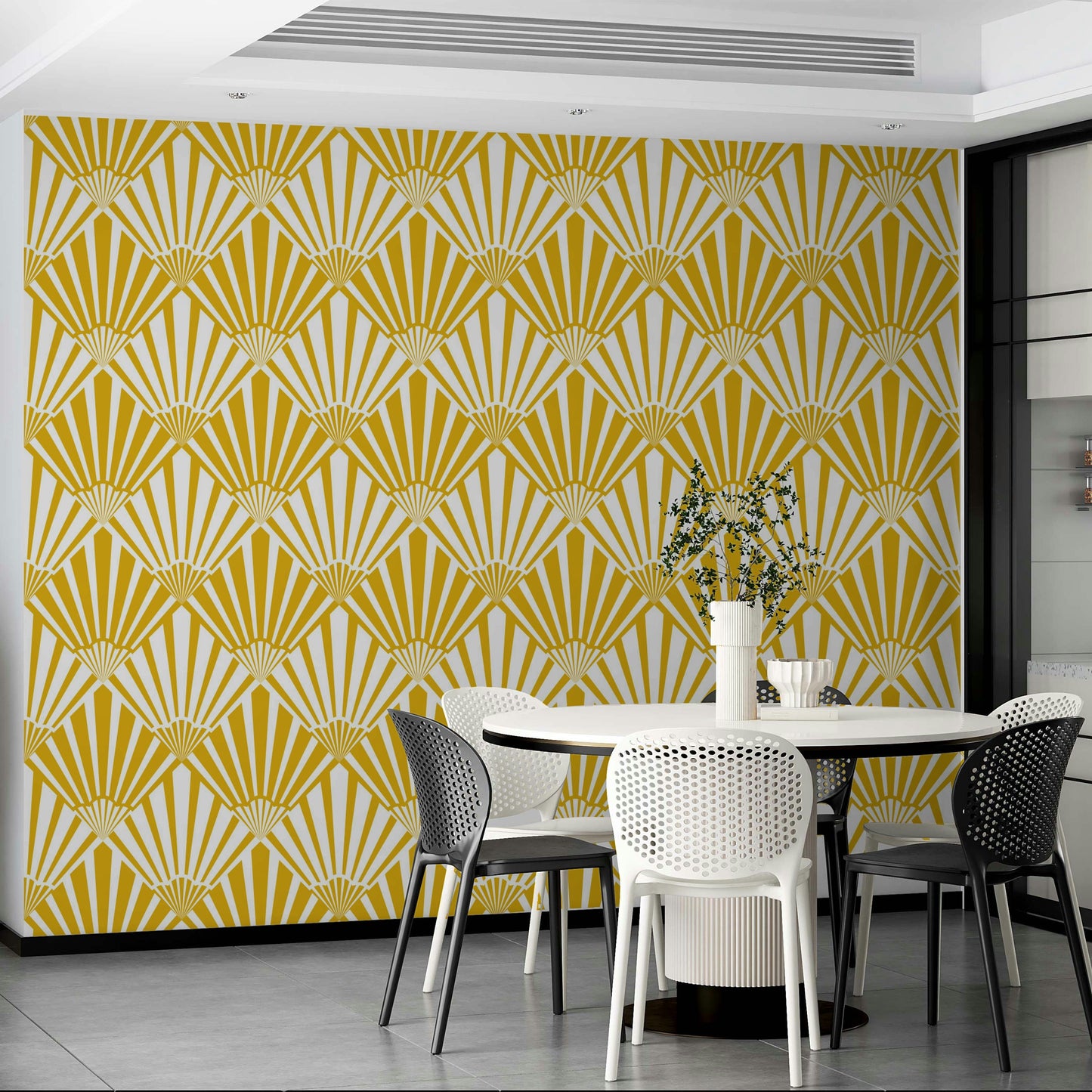 The mural is installed in a formal living room behind a simple, dark sofa. GD3644

