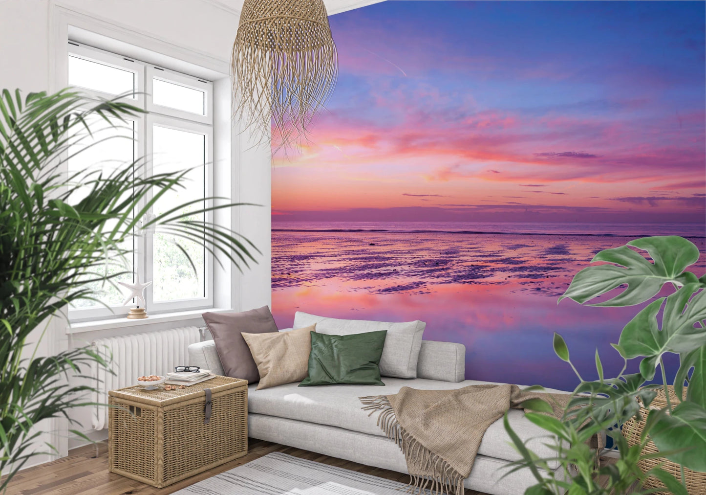 Cozy lounge featuring Sunrise at Beach Wall Mural with soft coastal color blend, GD8626