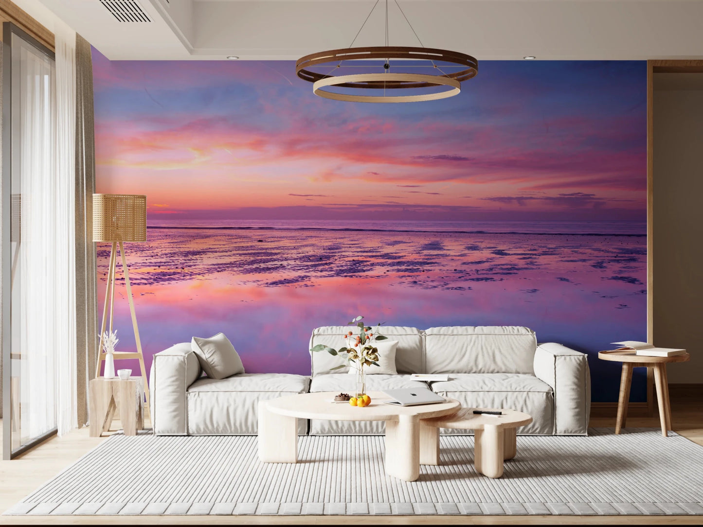 Contemporary living area using Sunrise at Beach Wall Mural and glowing sky tones, GD8626