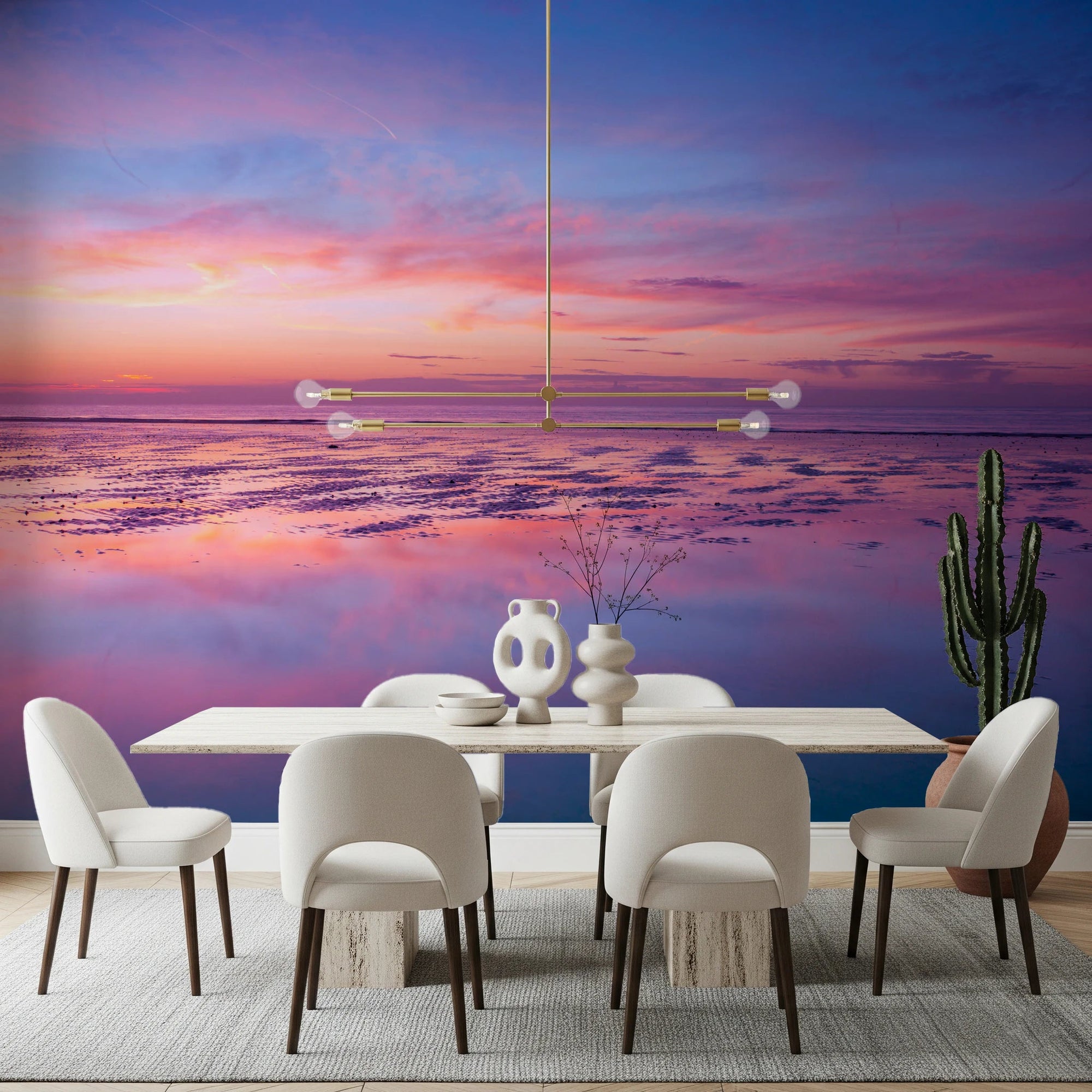 Dining room styled with Sunrise at Beach Wall Mural and pastel horizon reflection, GD8626