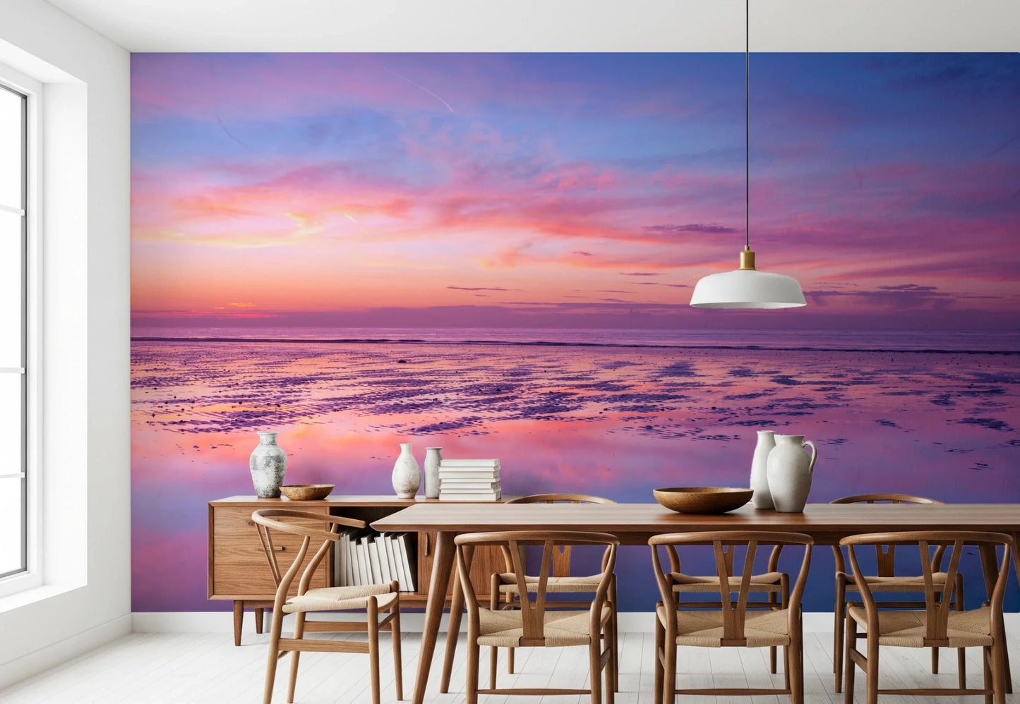 Dining corner styled with Sunrise at Beach Wall Mural and subtle coastal glow, GD8626