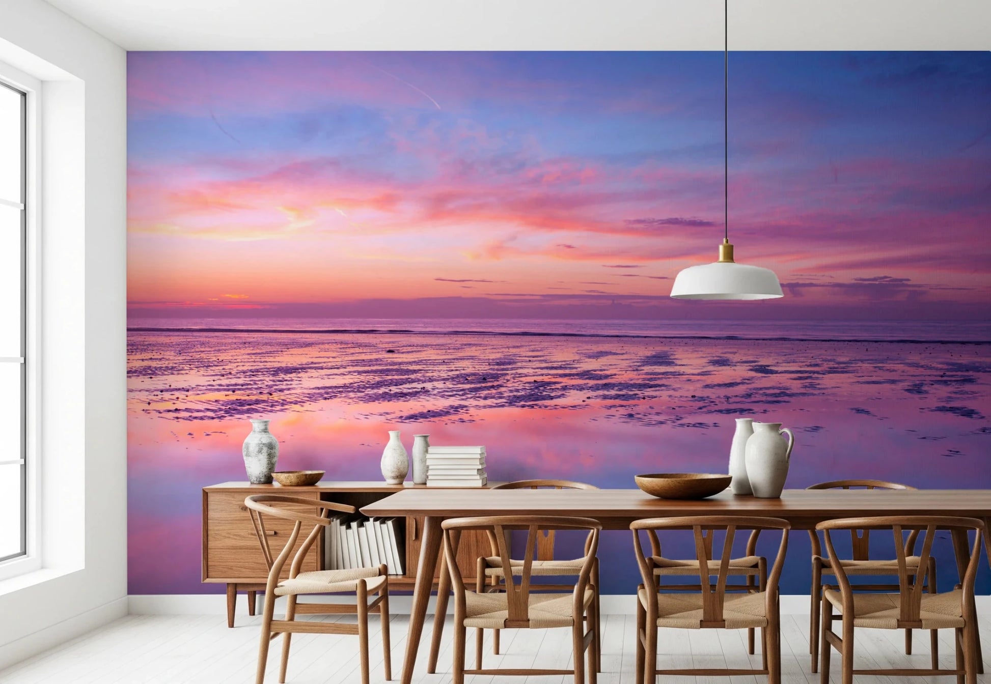 Dining corner styled with Sunrise at Beach Wall Mural and subtle coastal glow, GD8626