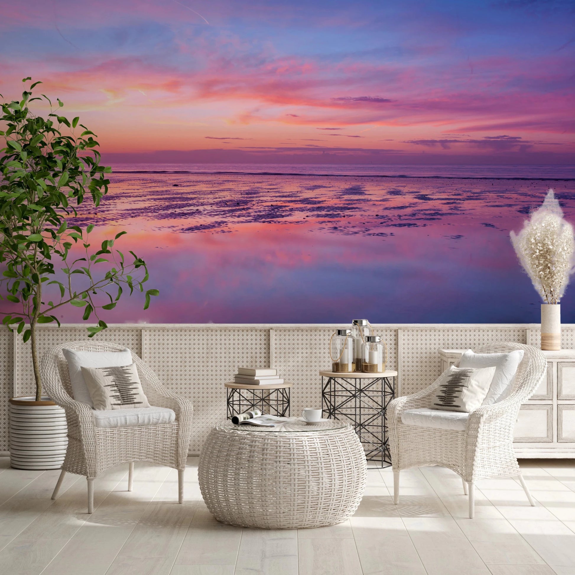 Balcony lounge setup with Sunrise at Beach Wall Mural and airy ocean backdrop, GD8626