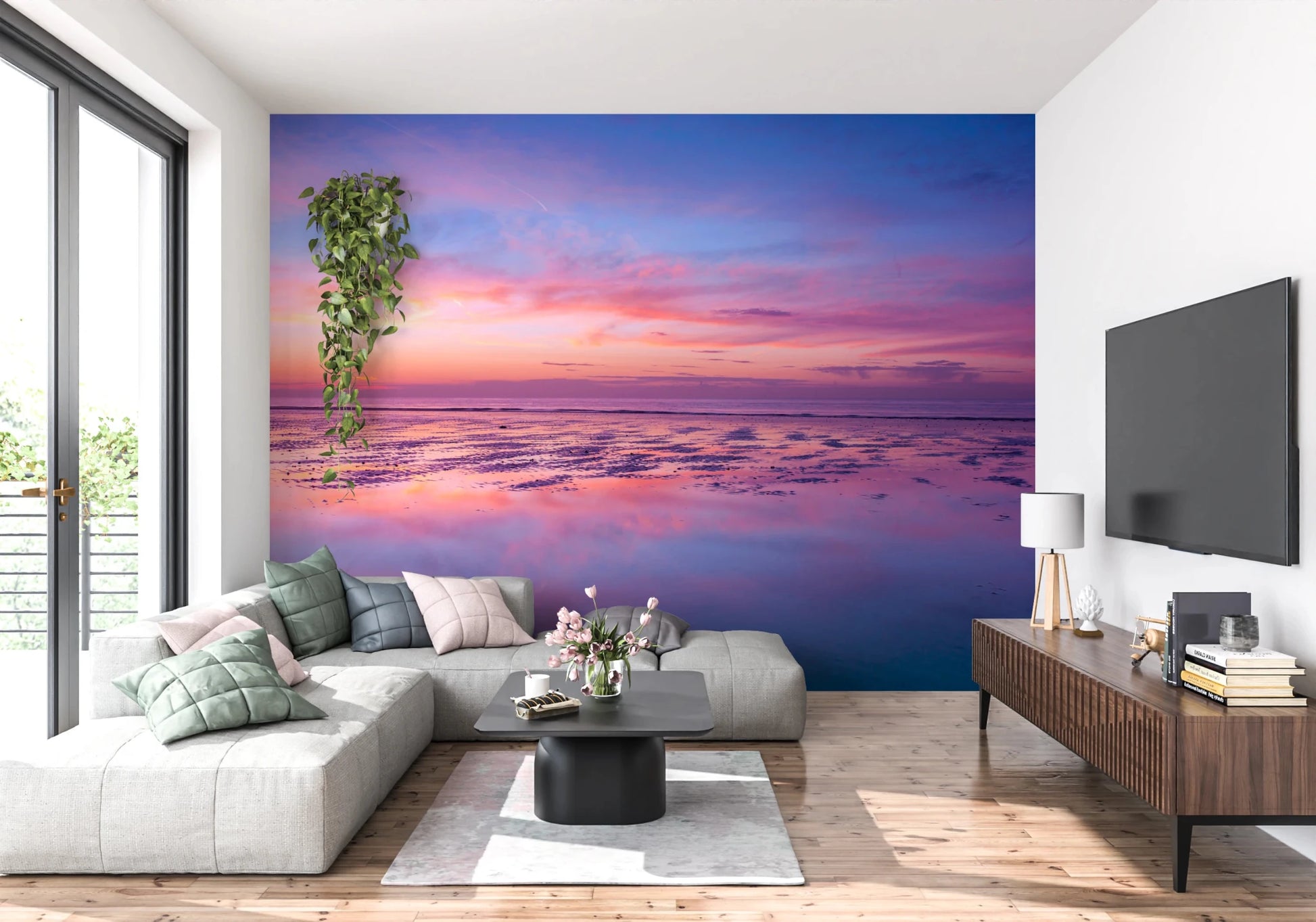 Modern TV room styled using Sunrise at Beach Wall Mural and serene water view, GD8626