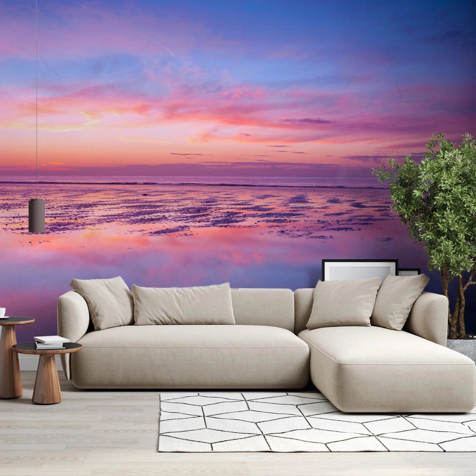 Minimal sitting space paired with Sunrise at Beach Wall Mural and calm shoreline, GD8626